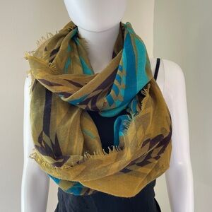 Olive, teal black infinity scarf with fringe